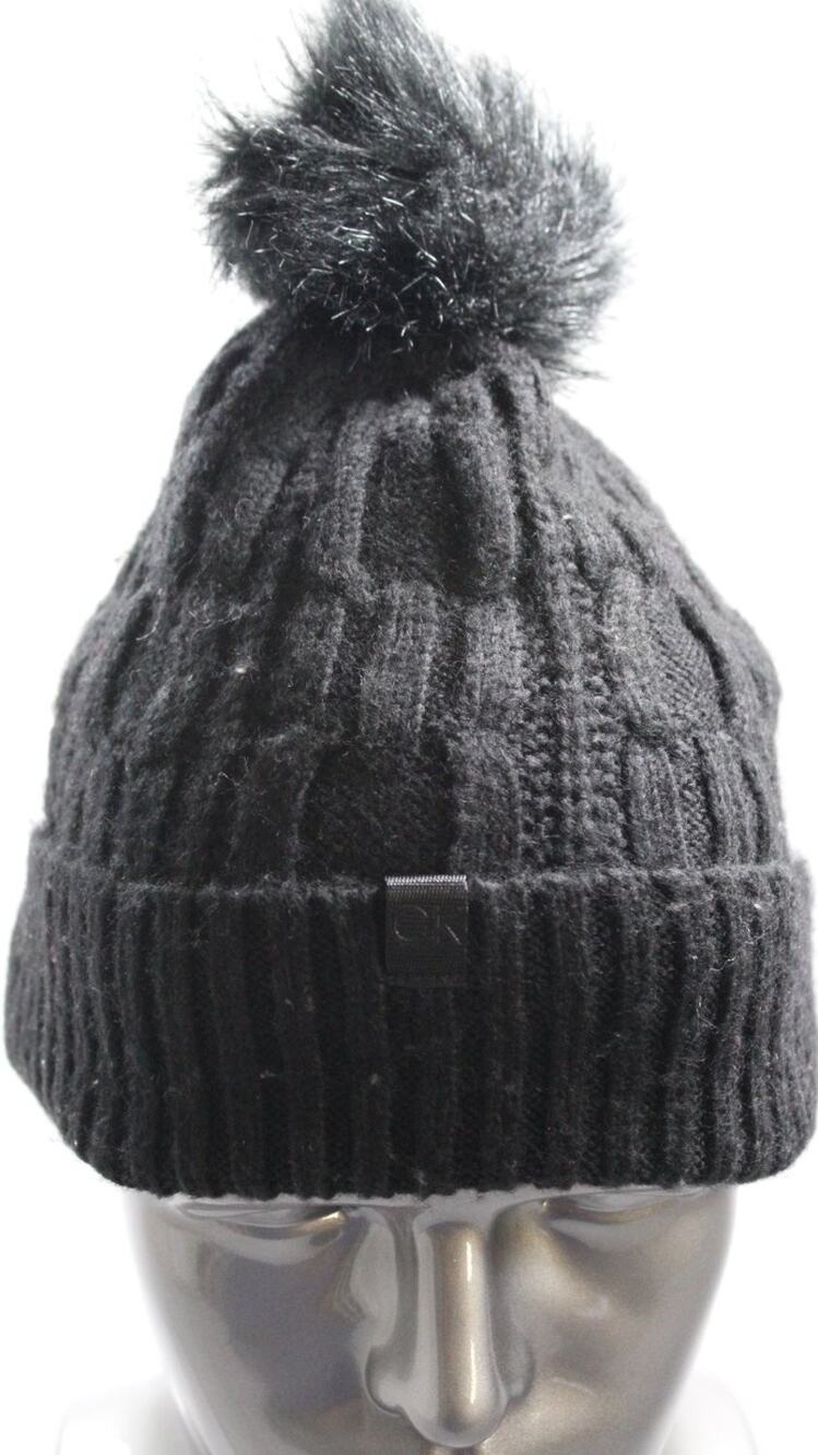Calvin Klein Cuffed Pom Beanie Hat Womens OS Black Stretch